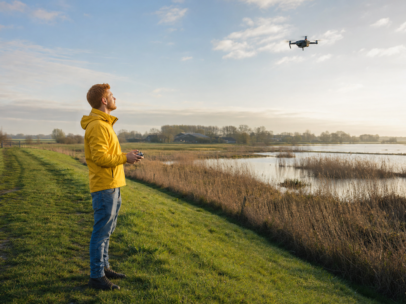 Student met drone over landschap