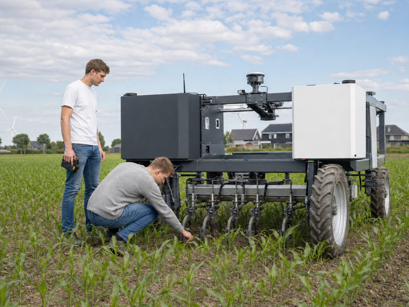 Studenten agrotechniek en engineering op het land met landbouwvoertuig