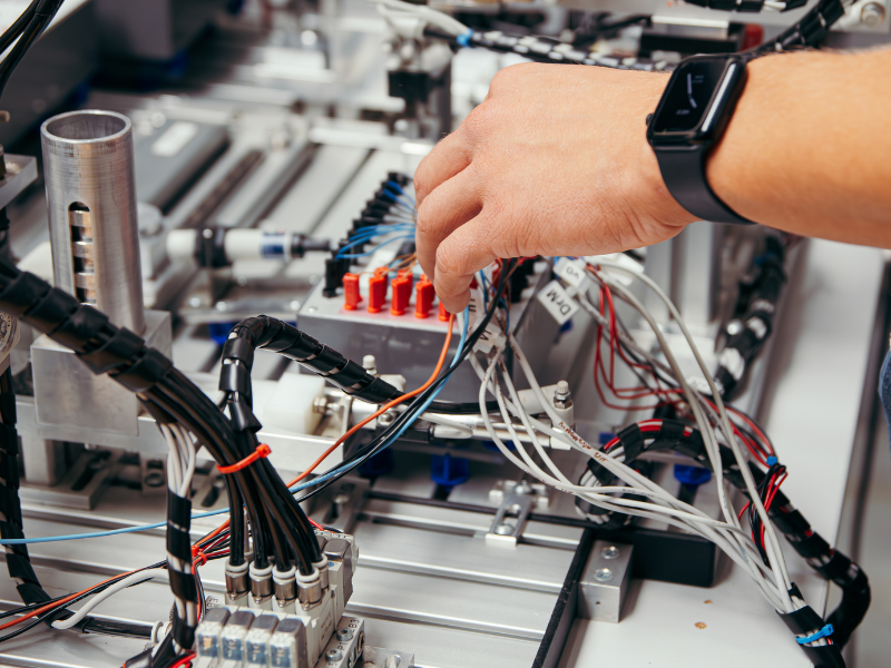 Hand van technische student met technische opstelling met elektrische draden