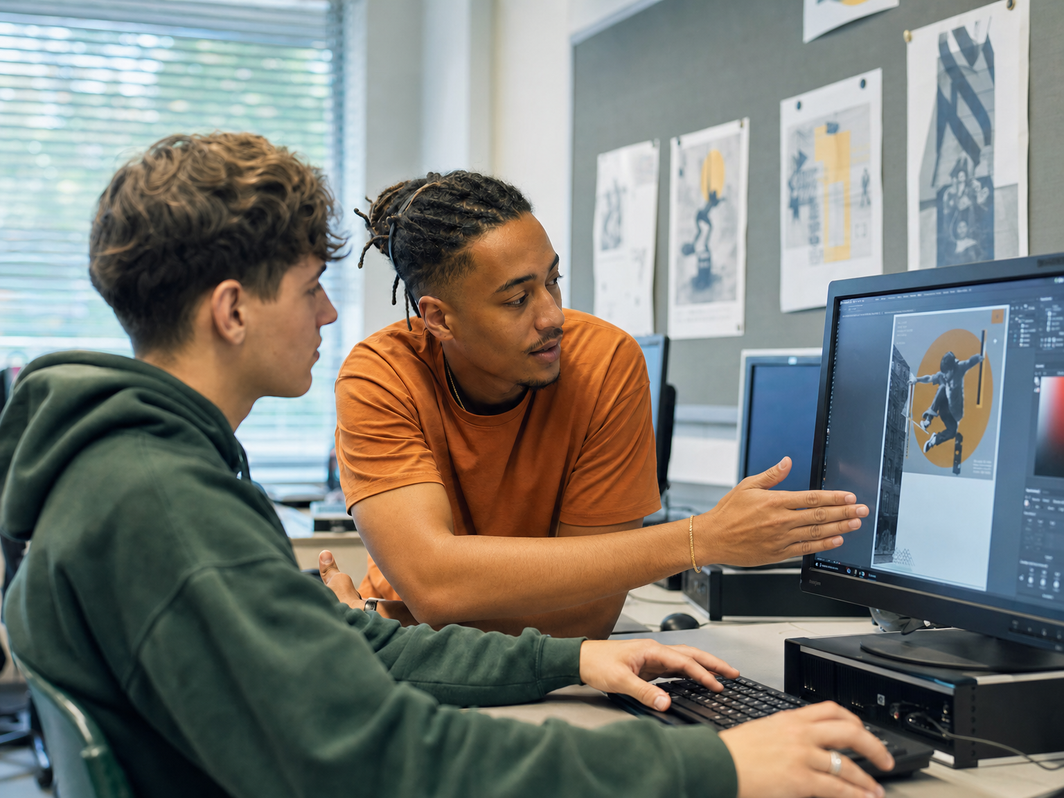 Docent legt uit aan student achter PC