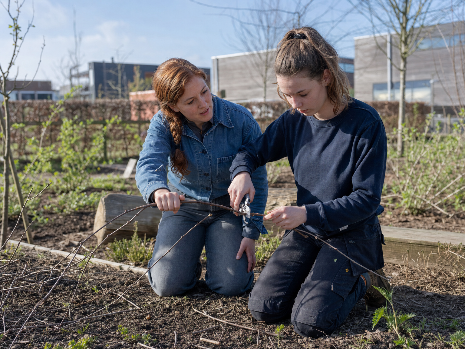 Docent met student legt uit over snoeien