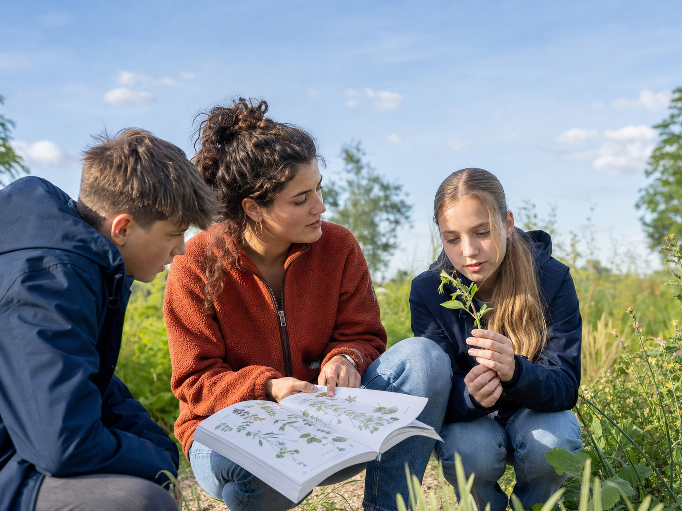 Docent met 2 studenten in het veld