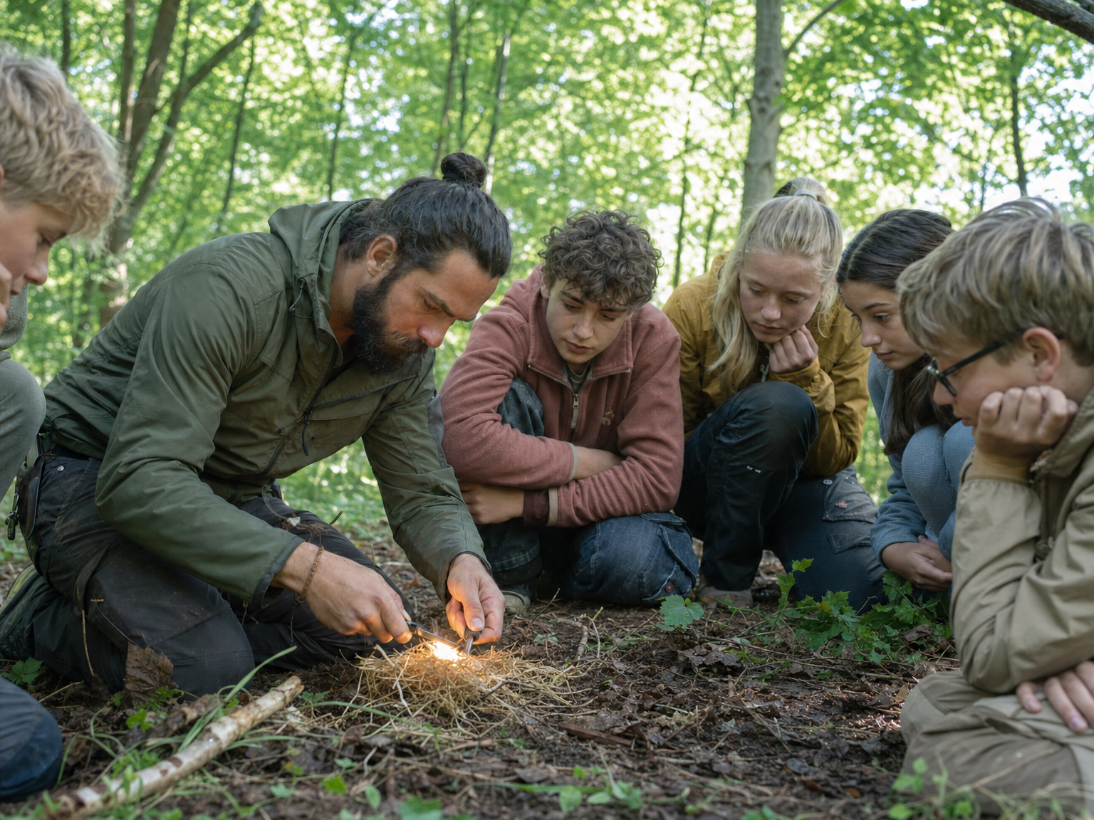Docent in bos leert vuur maken Bushcraft