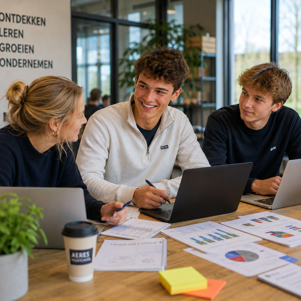3 studenten aan tafel met laptop en grafieken