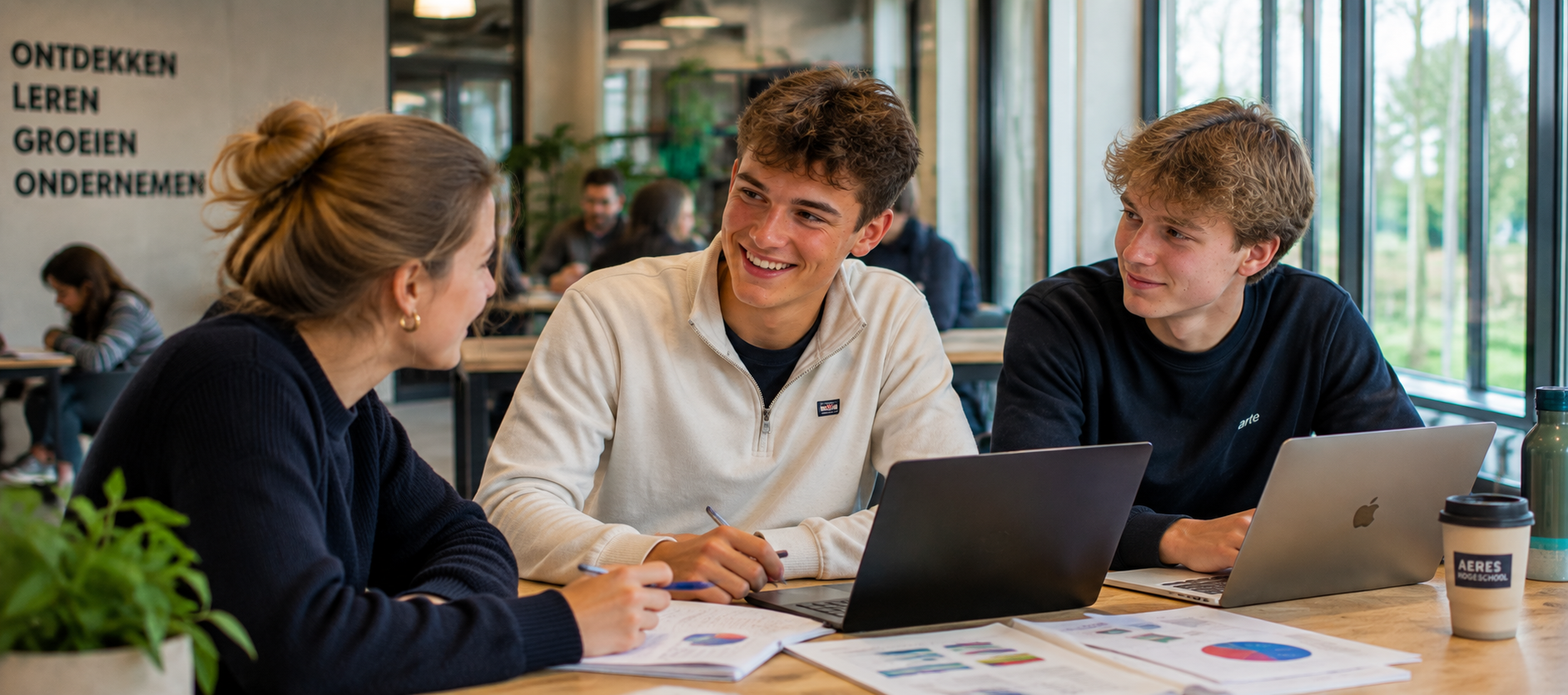3 studenten aan tafel met laptop en grafieken