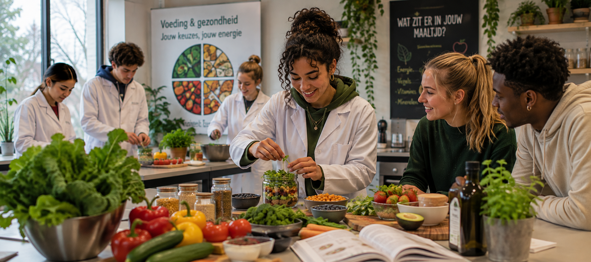 studenten in de klas aan de slag met voeding en gezondheid